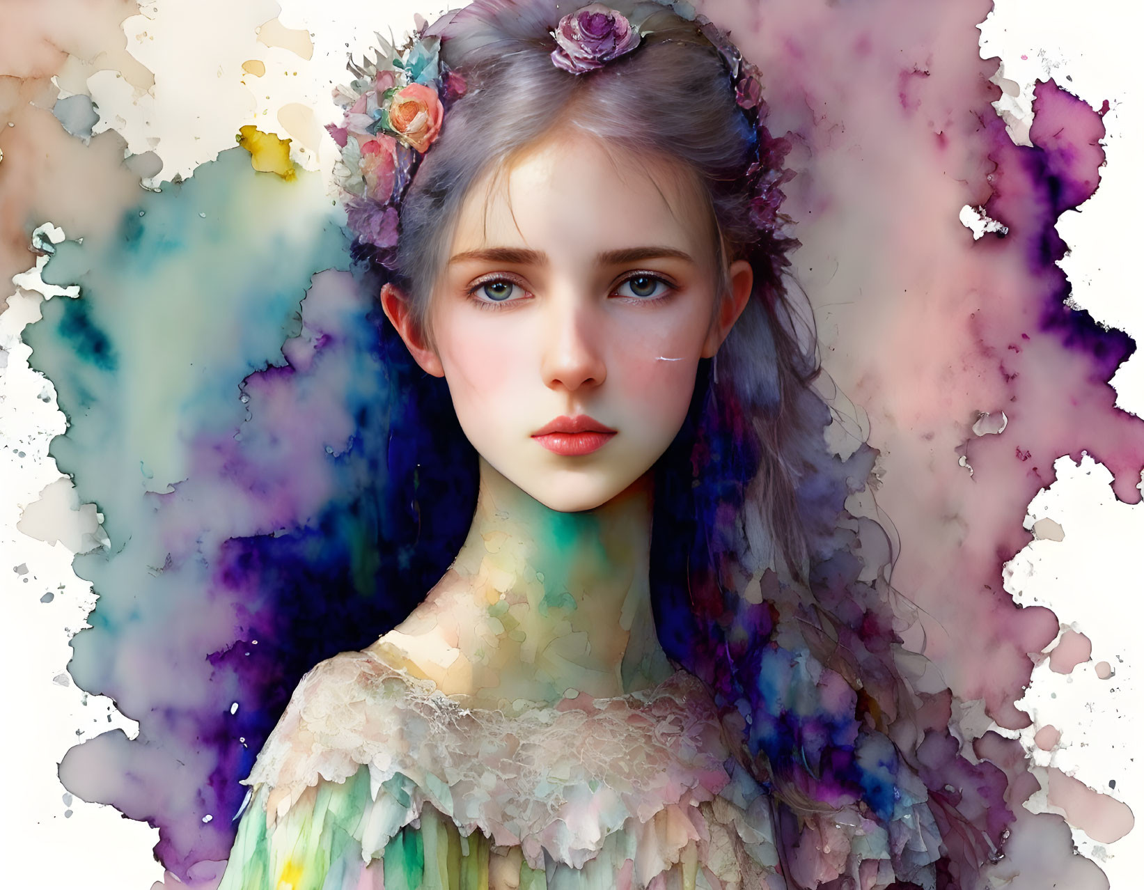 Young woman with floral hair in vibrant digital art