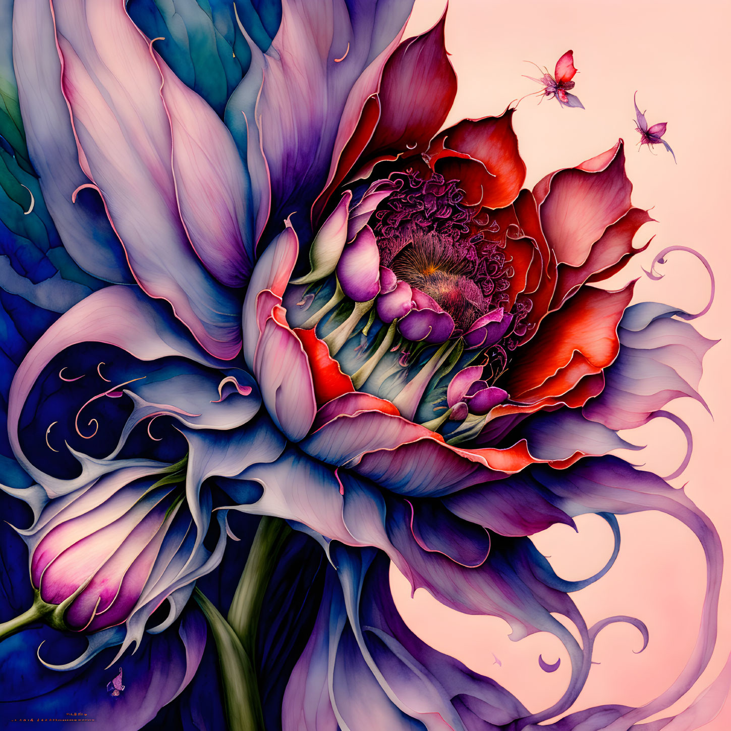 Fantastical flower with swirling blue and red petals and fairy-like creatures