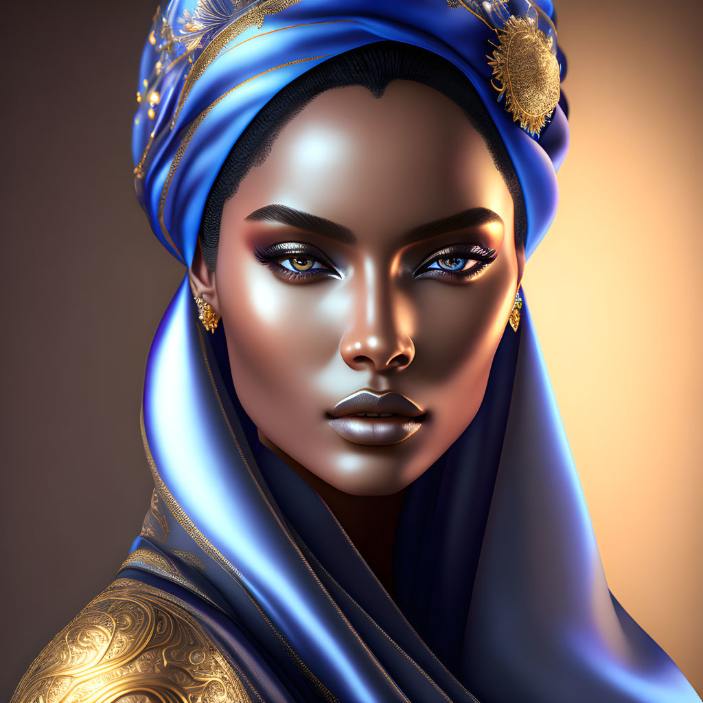 Illustrated portrait of woman with striking blue eyes and royal blue headscarf.