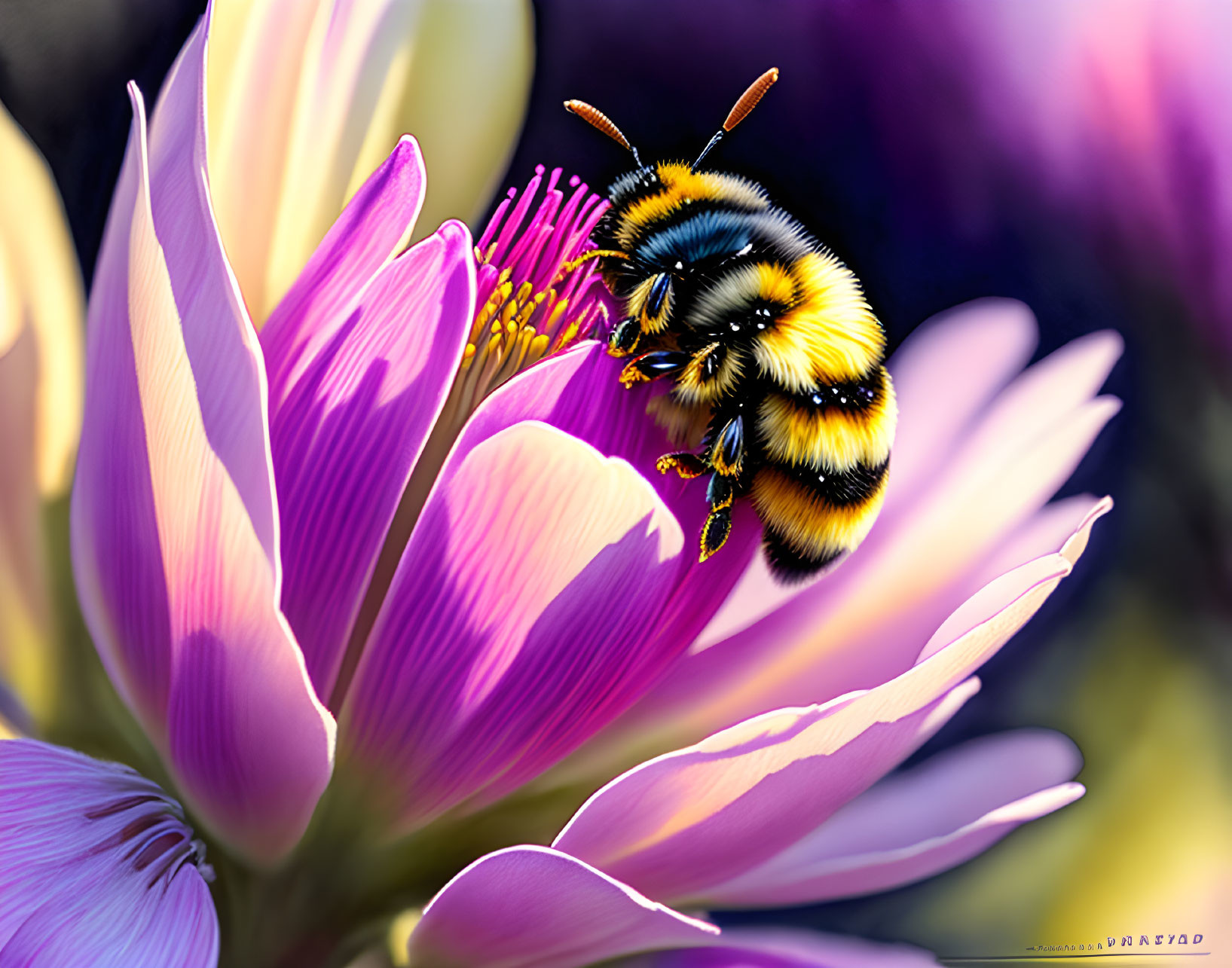 Bumblebee hovering near vibrant purple flower on blurred background