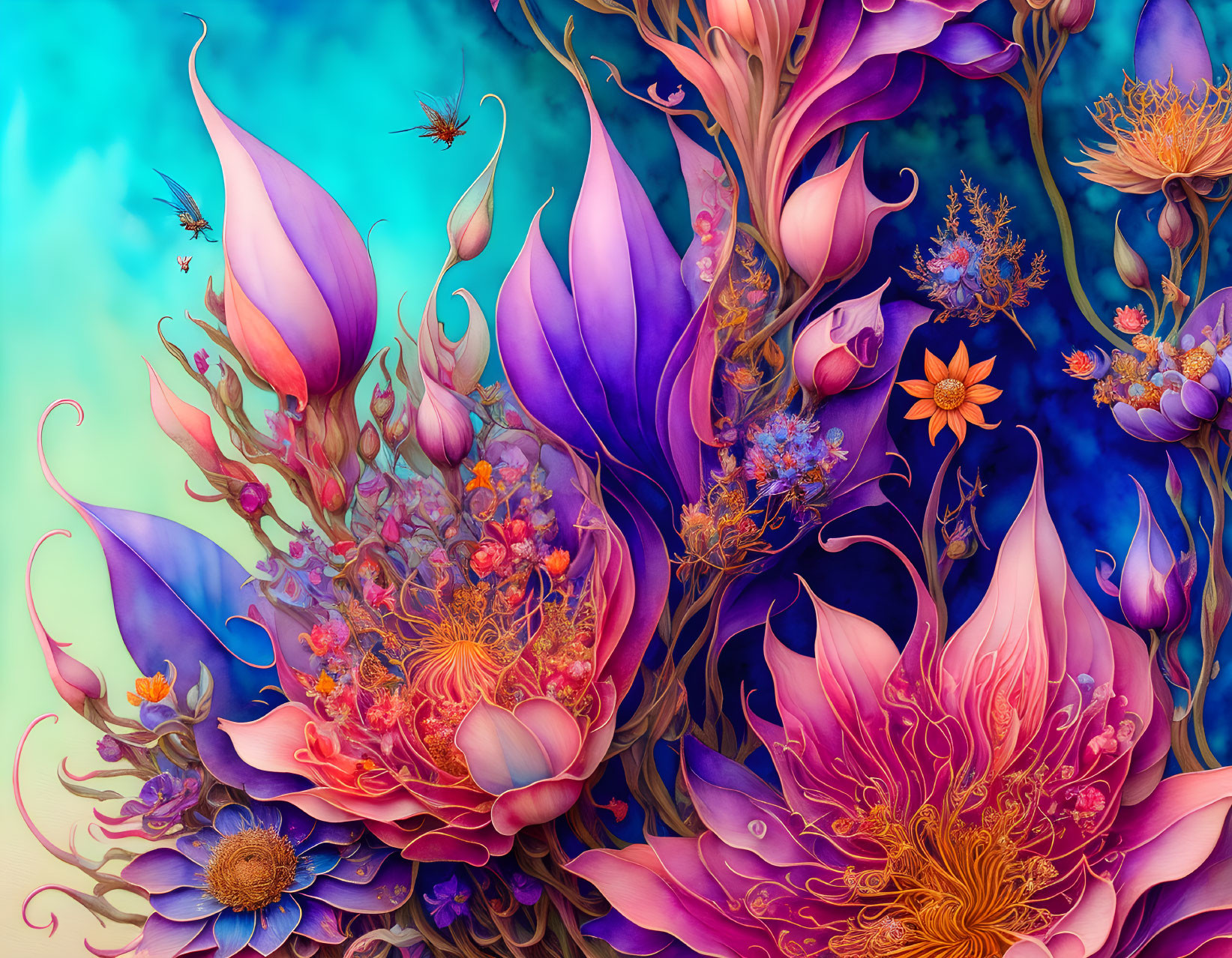 Colorful Stylized Flowers Artwork on Soft Blue Background