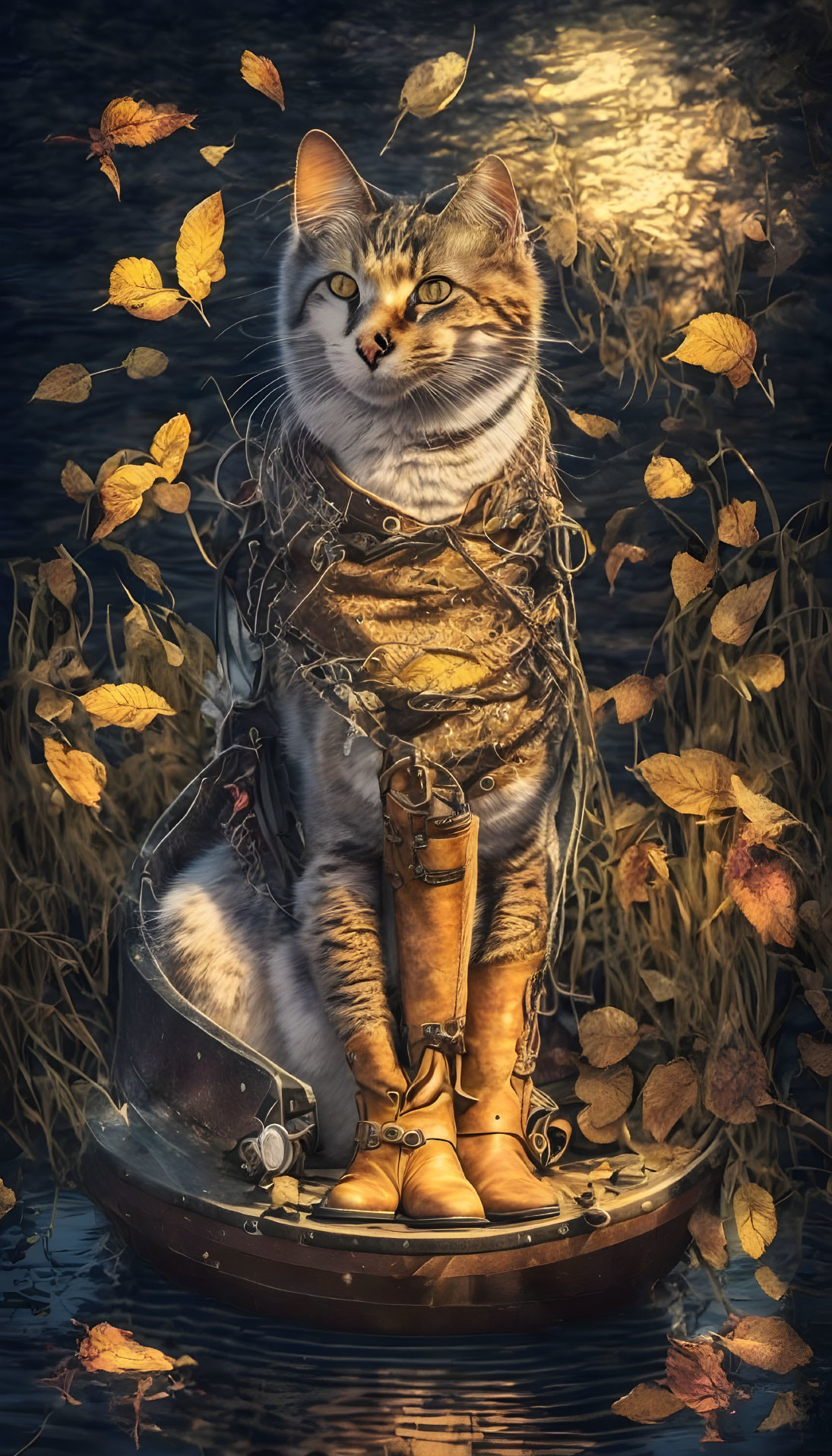 Cat with humanoid features dressed as knight in small boat among fallen leaves on water with glowing orb and autumn