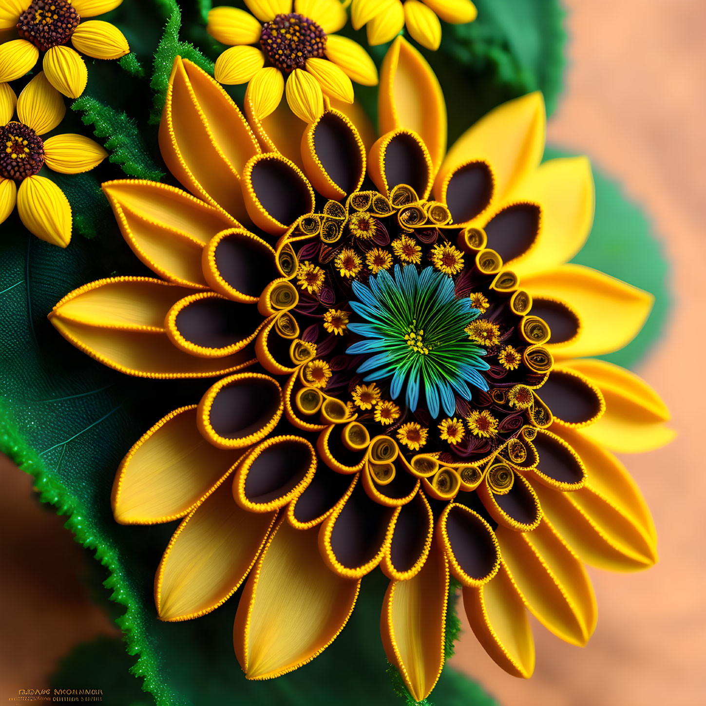 Colorful digital artwork: Stylized sunflower with intricate patterns