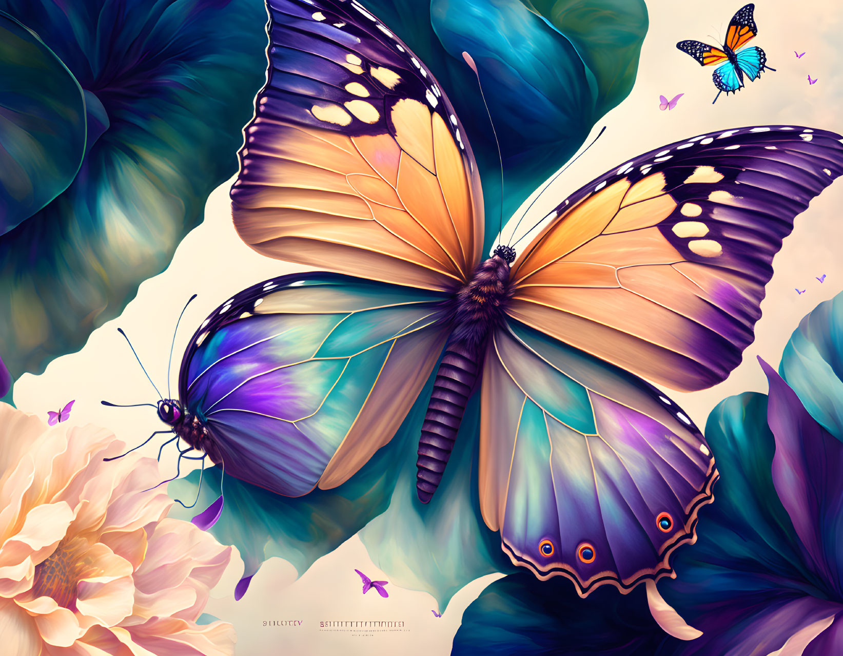 Detailed digital art: Oversized butterflies with iridescent wings among green leaves and pink flowers under a