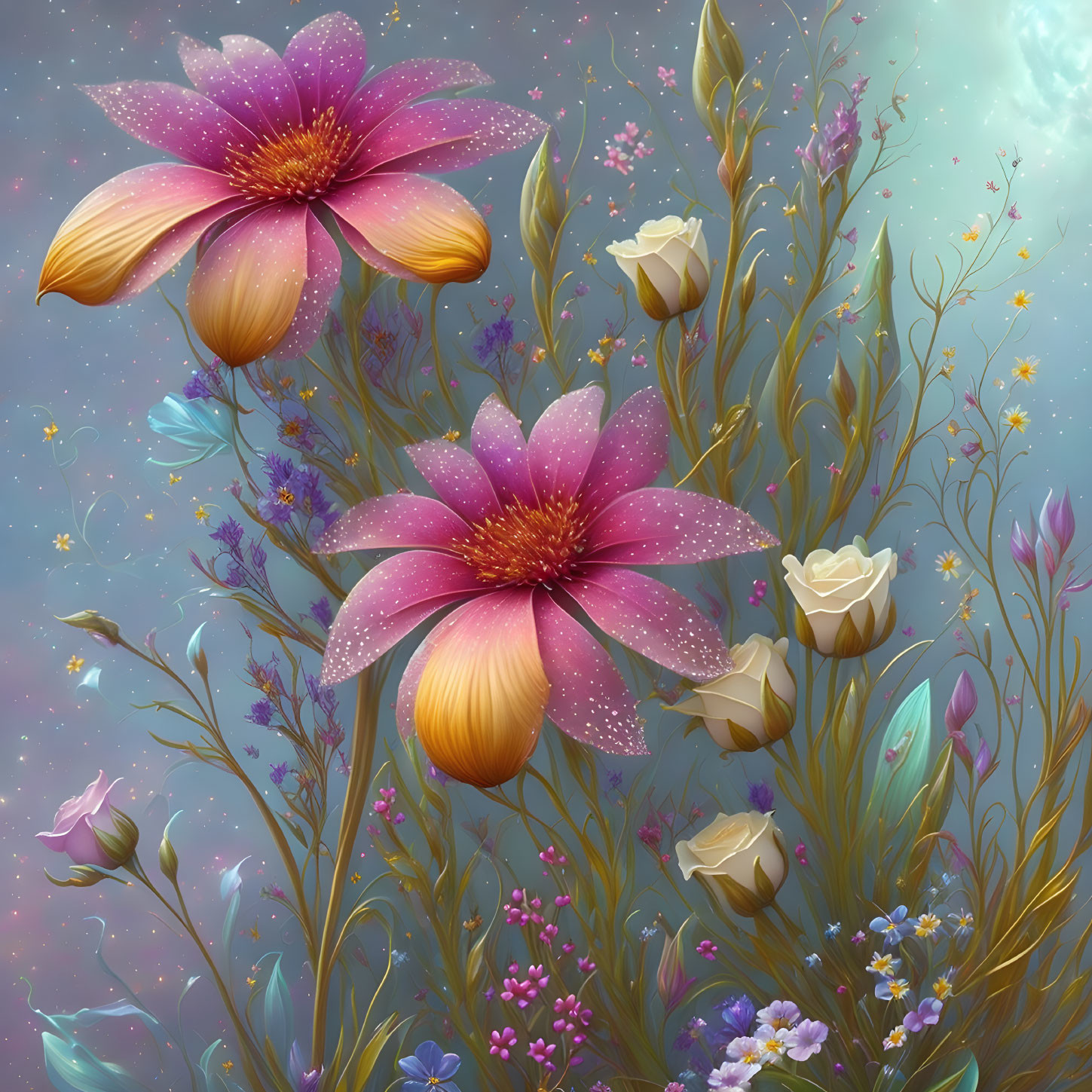 Pink Flowers with Golden Centers in Magical Meadow with Glowing Plants and Butterflies