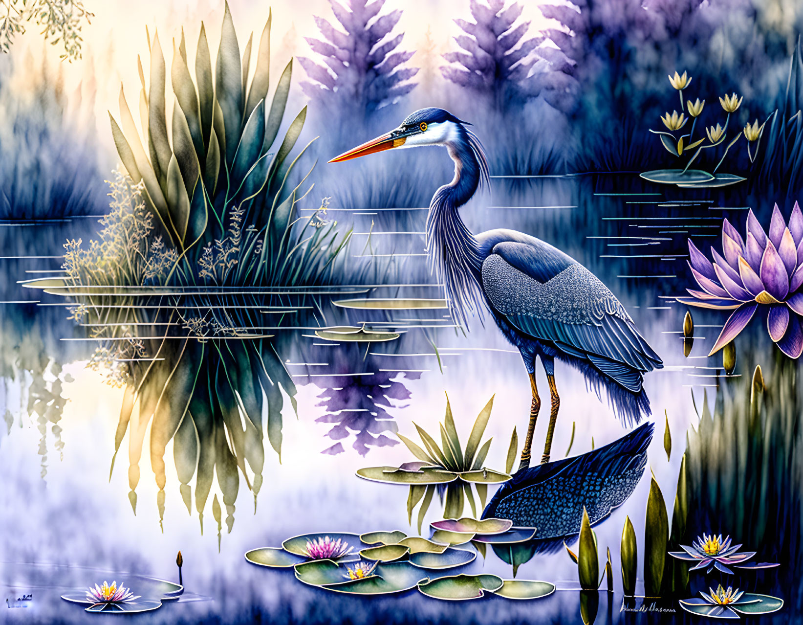 Tranquil lake scene with heron and water lilies in vibrant colors