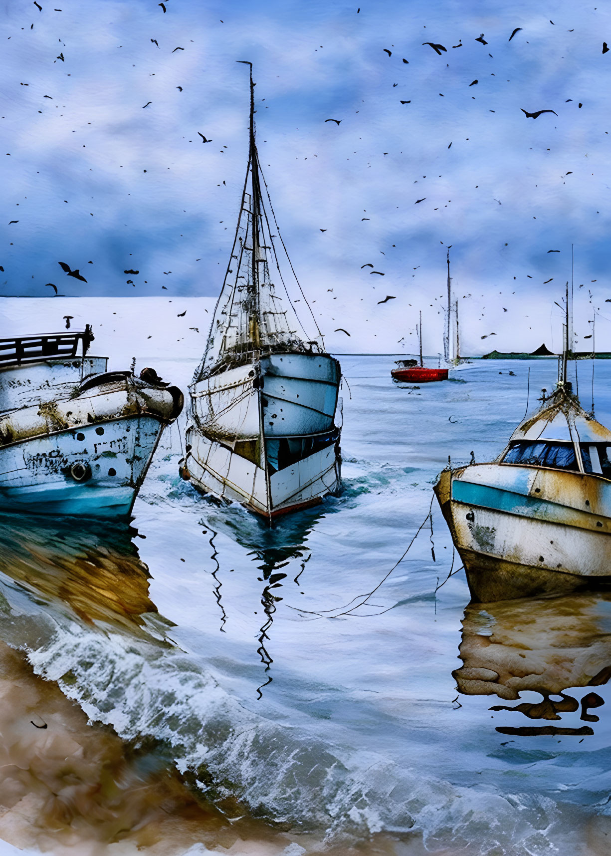 Boats Moored Near Sandy Shore with Birds and Cloudy Sky