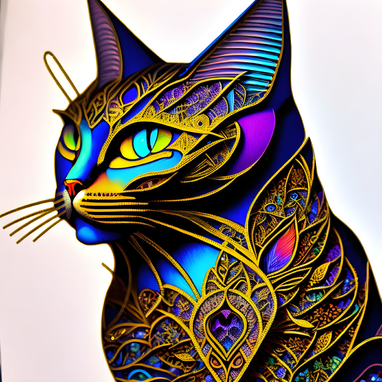 Colorful digital artwork: Stylized cat with gold and blue patterns, captivating green eye