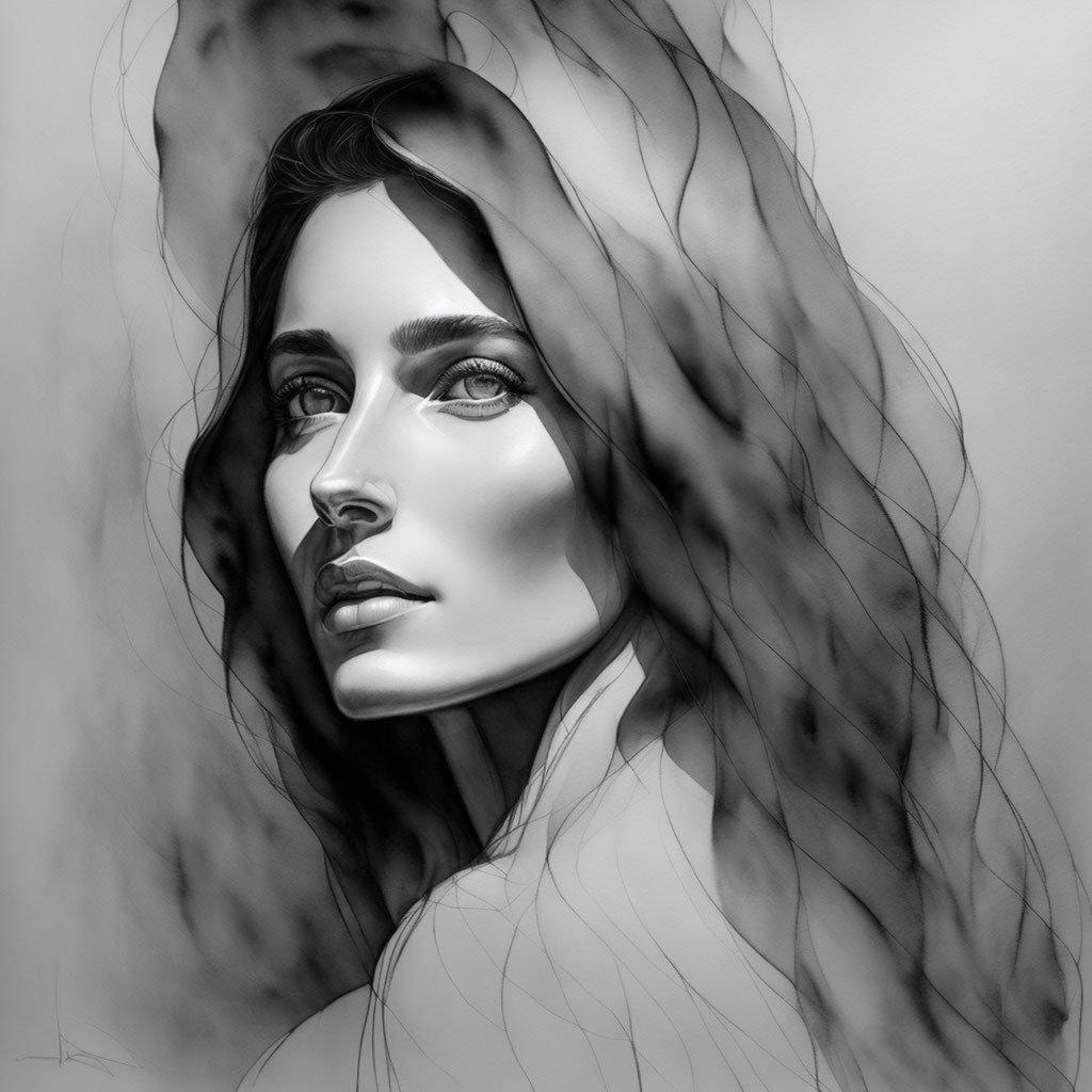 Monochromatic digital portrait of a woman with flowing hair and intense gaze