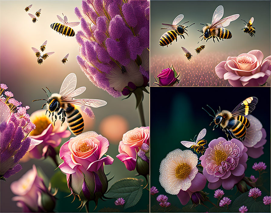 Bees pollinating pink and purple flowers in soft lighting