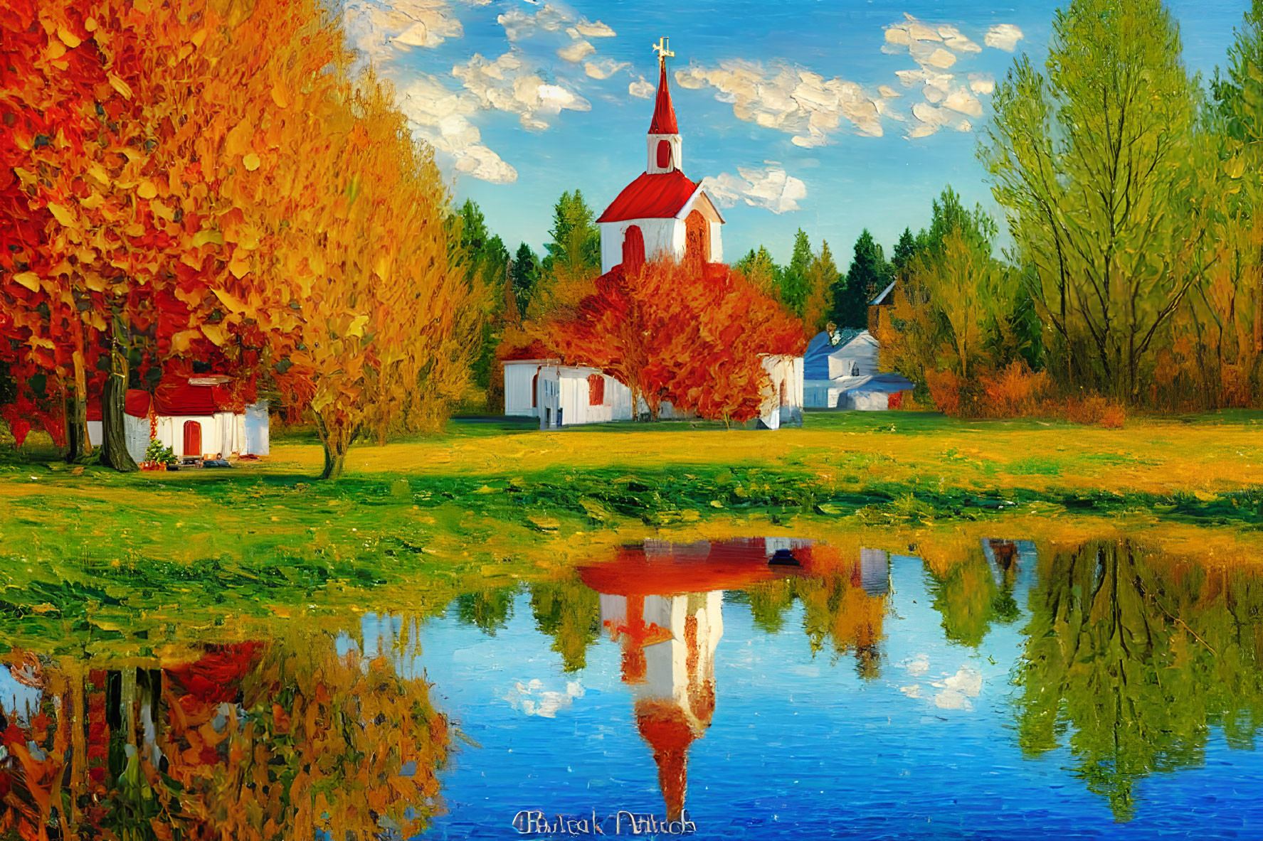 Scenic autumn landscape painting with church, warm trees, pond reflections