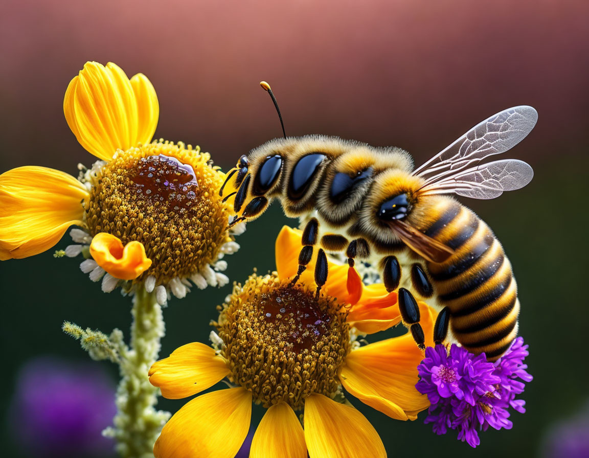 Colorful bee collecting nectar from vibrant flowers on soft background