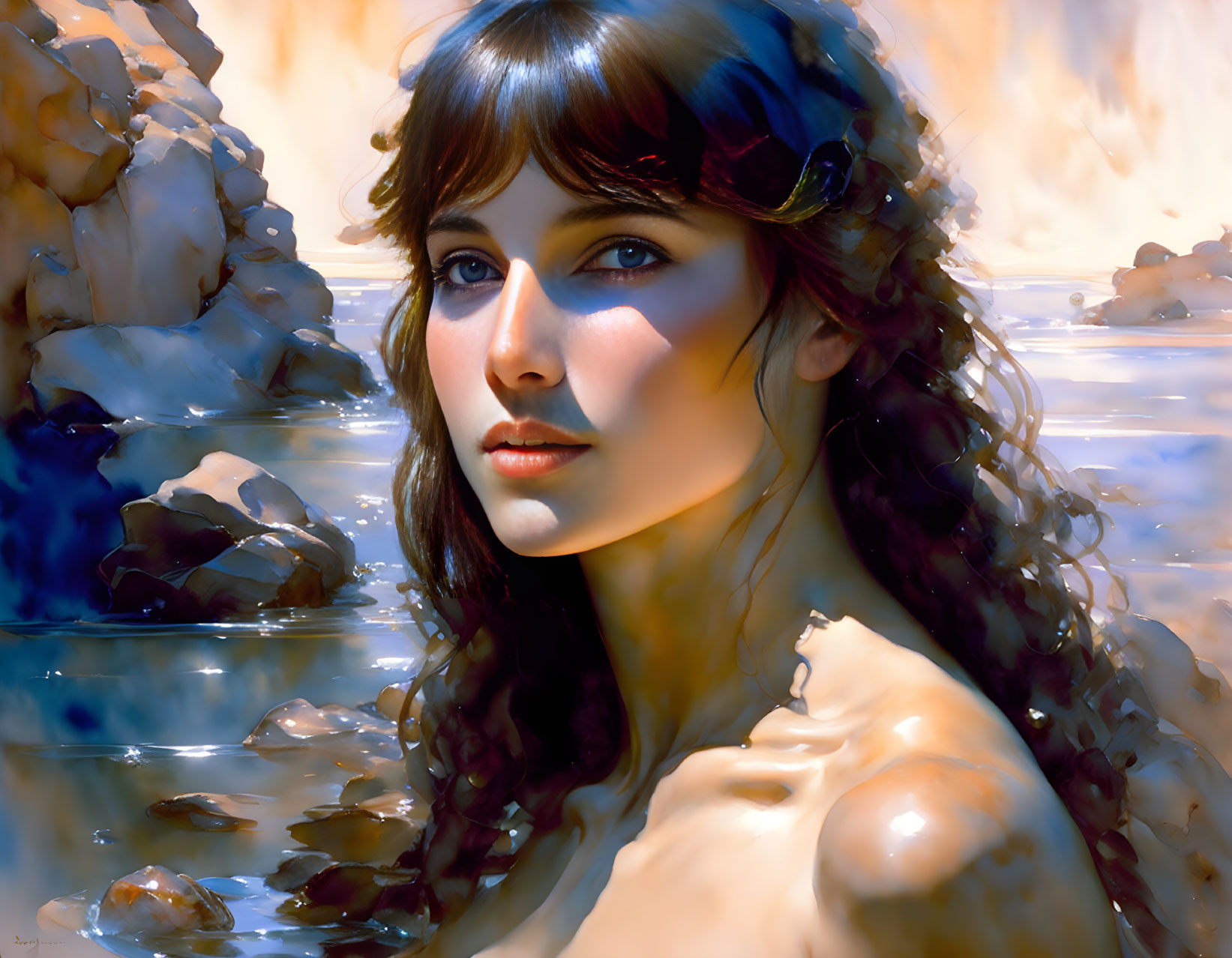 Digital painting of woman with blue eyes and dark hair in nature setting