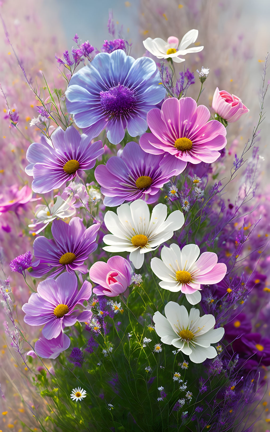 Colorful Flowers in Soft-focus Background: Blue, Pink, White, and Purple