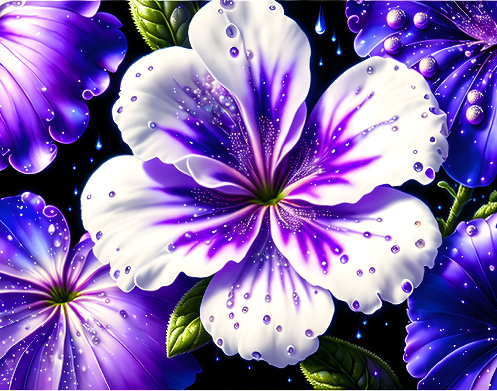 Purple and White Flowers with Water Droplets on Dark Background