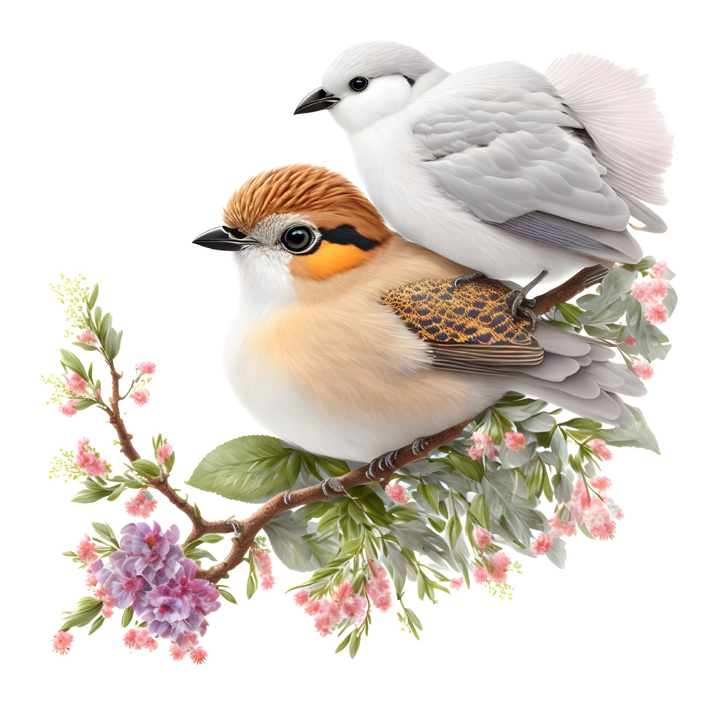 Detailed illustration of two birds on branch with pink blossoms