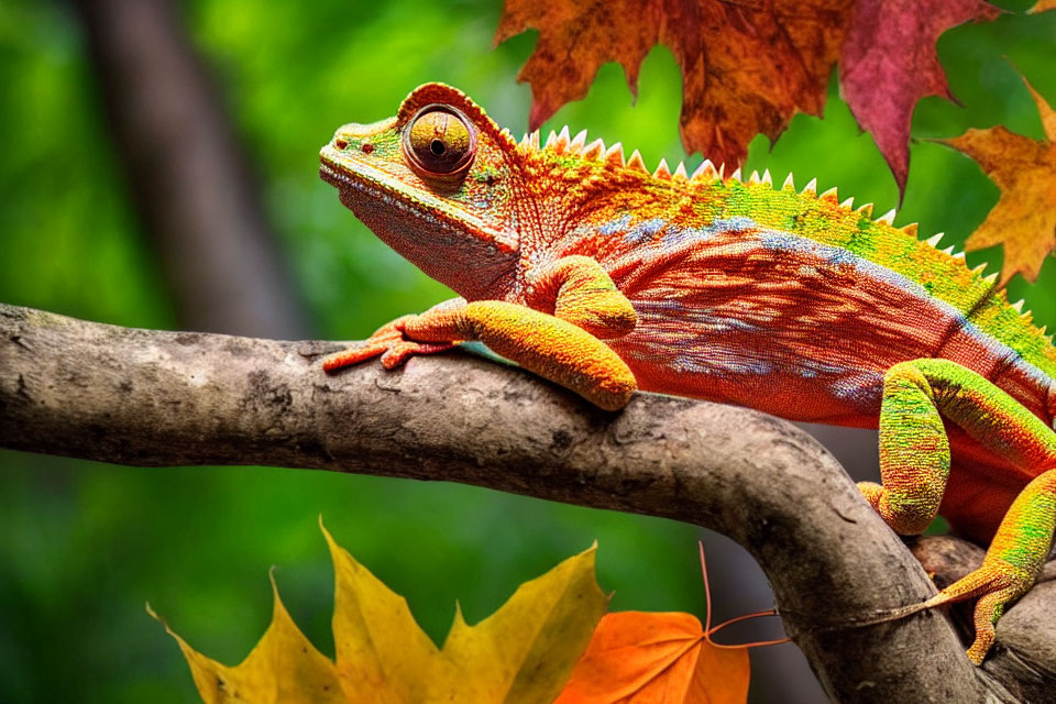 Colorful chameleon on branch with autumn leaves in background