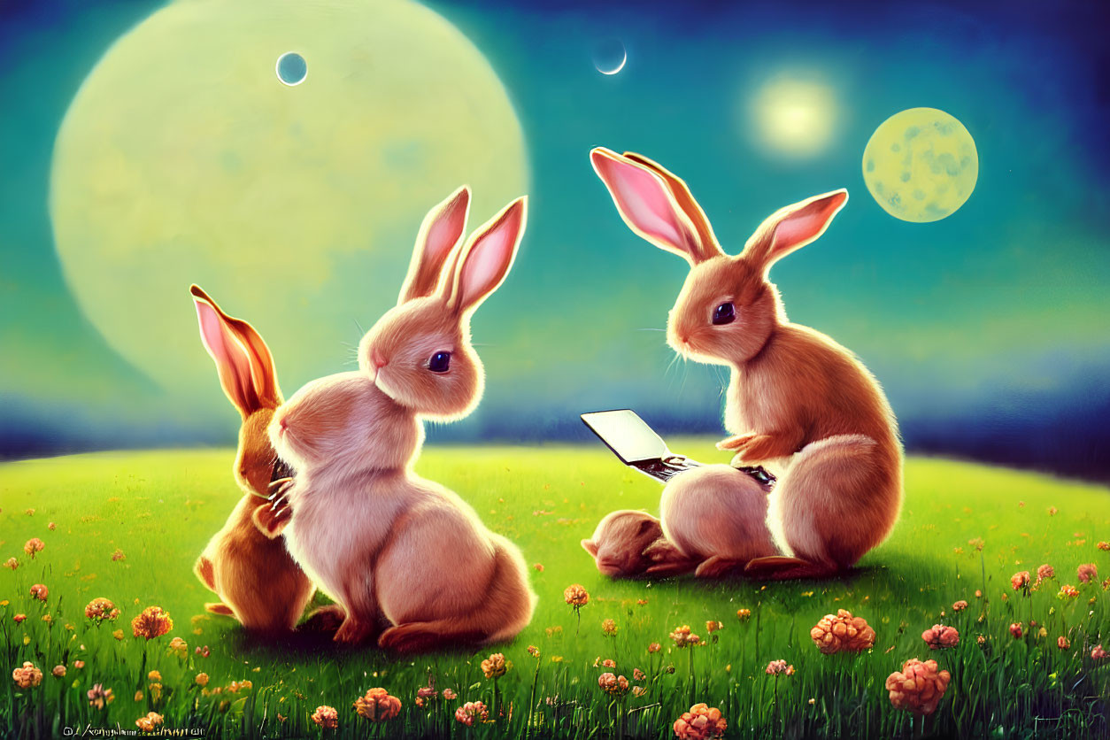 Anthropomorphic rabbits with laptop under moonlit sky