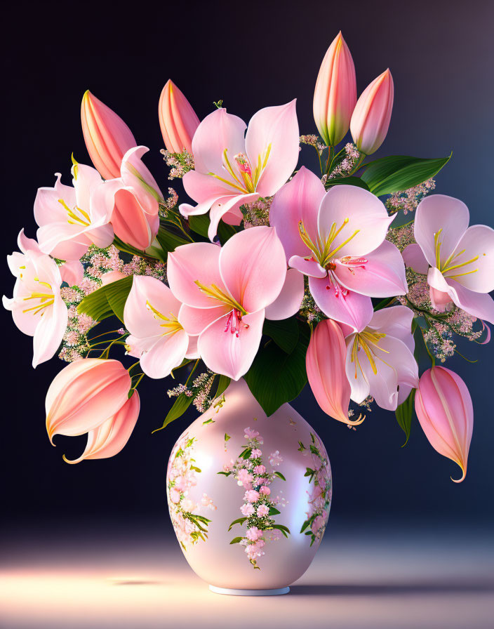 Pink lilies bouquet in floral-patterned vase on dark gradient background