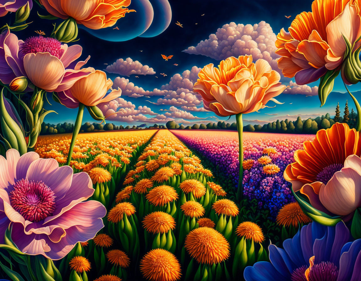 Surreal painting: Flower field, oversized blooms, night sky, two moons, butterflies, distant