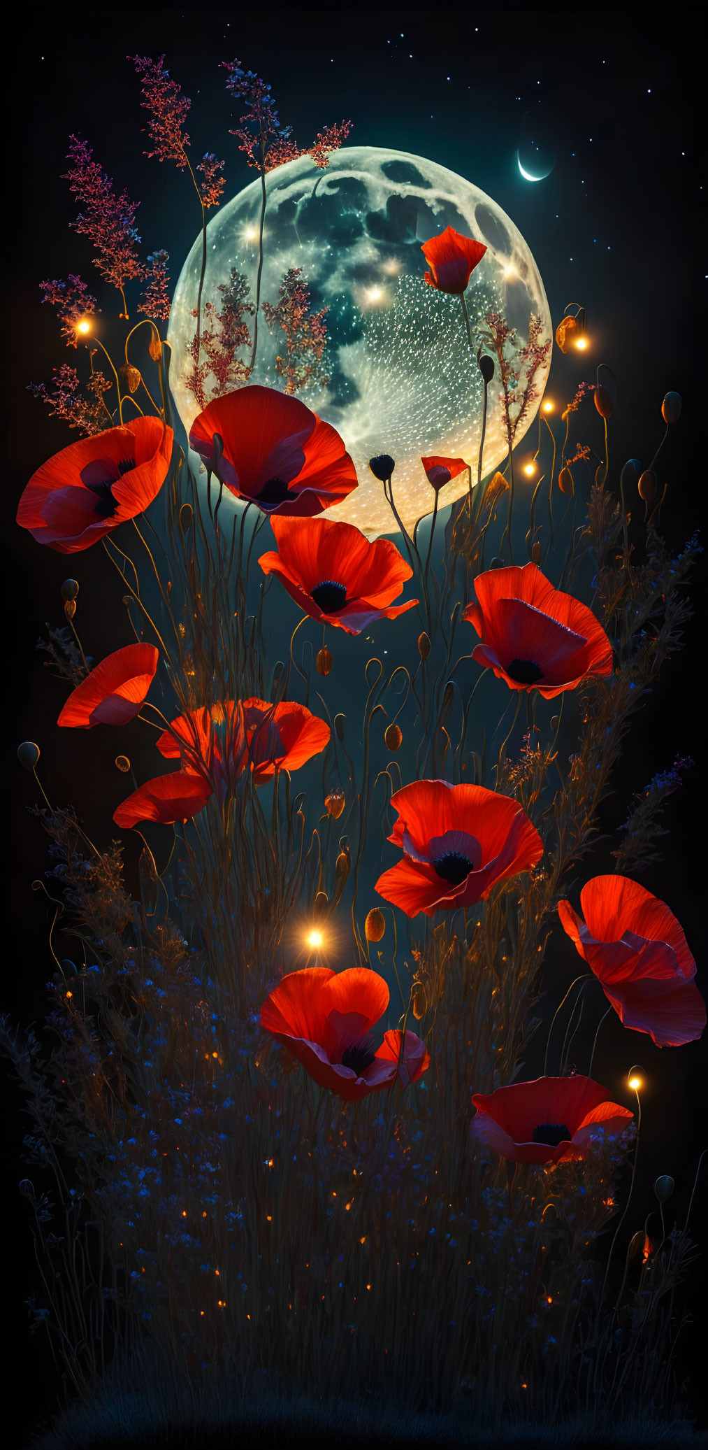 Vibrant red poppies under full moon and stars