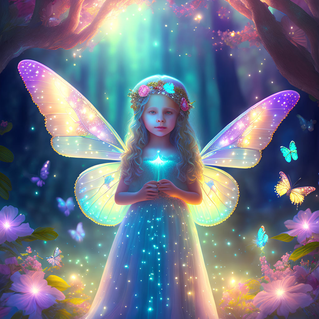 Luminescent fairy with star in magical forest
