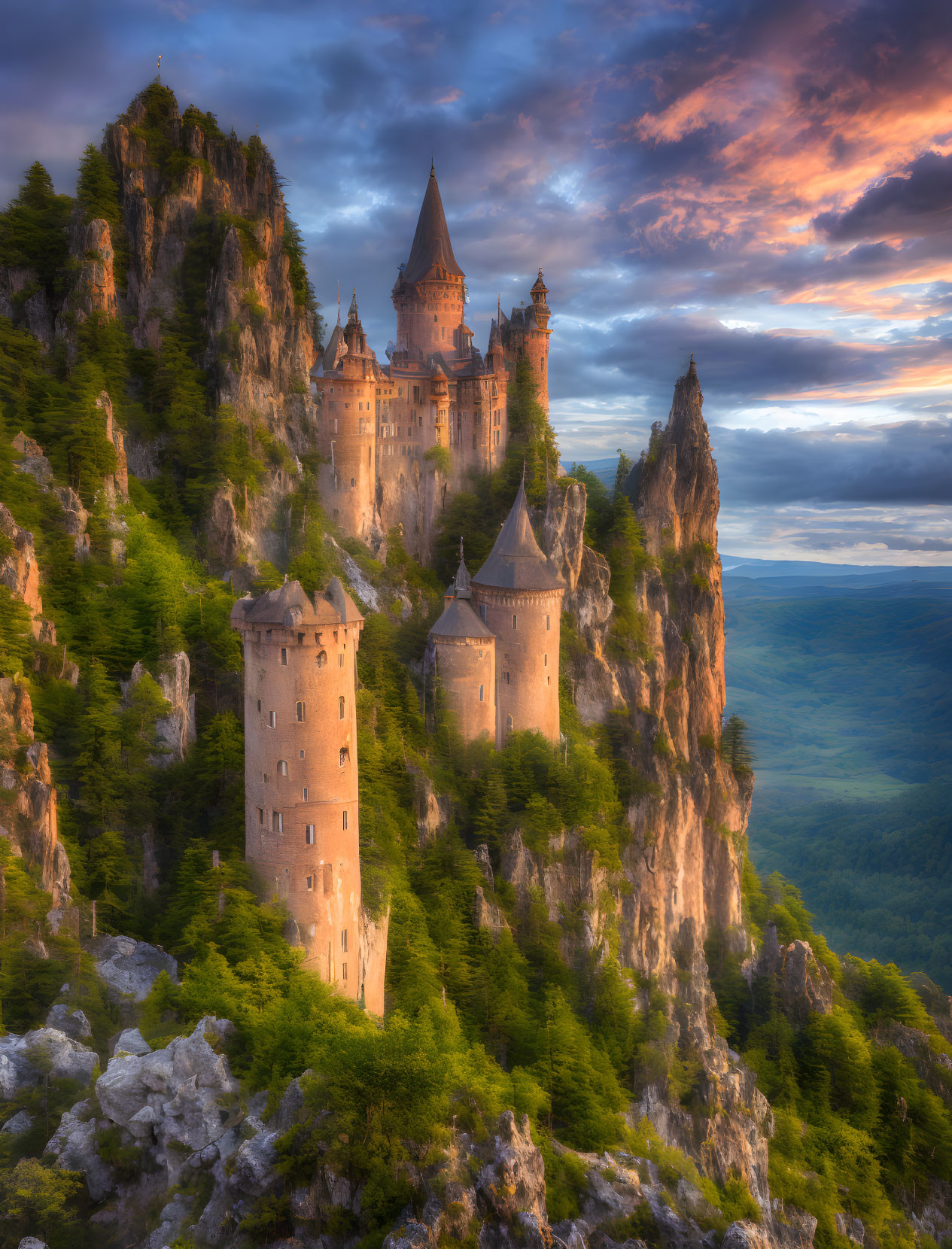 Majestic fairytale castle on rugged cliff at sunset