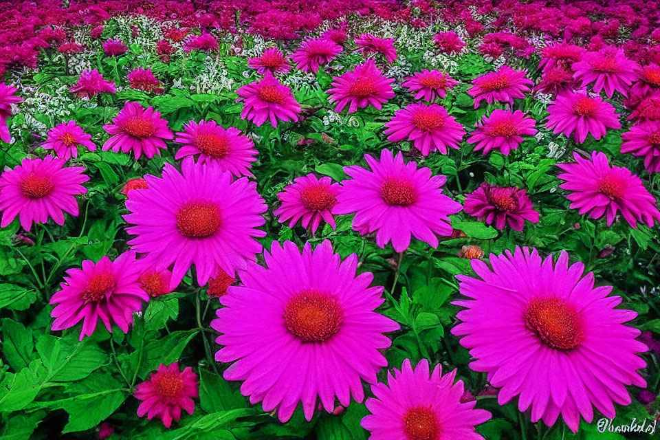 Bright Pink Flowers with Yellow Centers Among Various Floral Arrangement