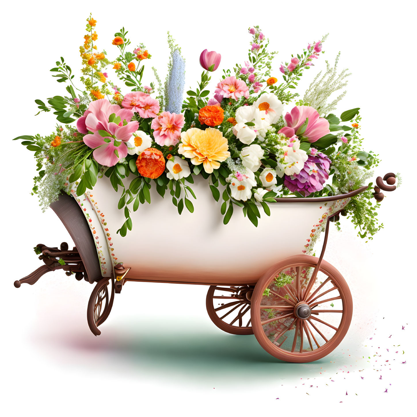 Vintage Bathtub Flowerbed on Ornate Wheels with Colorful Flowers