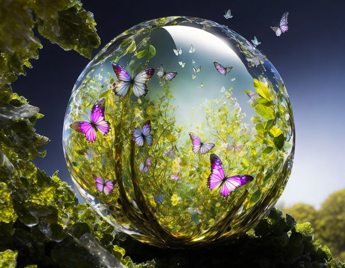 Transparent bubble with butterflies in vibrant miniature ecosystem