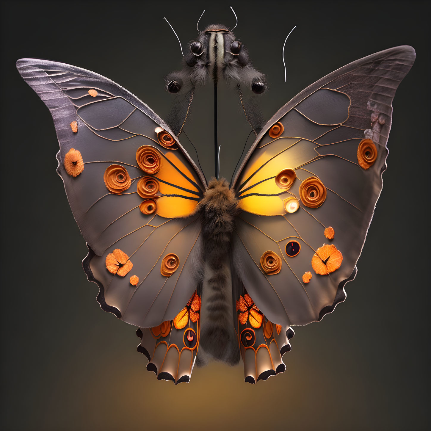 Detailed Digital Illustration: Butterfly with Elaborate Orange and Yellow Patterns