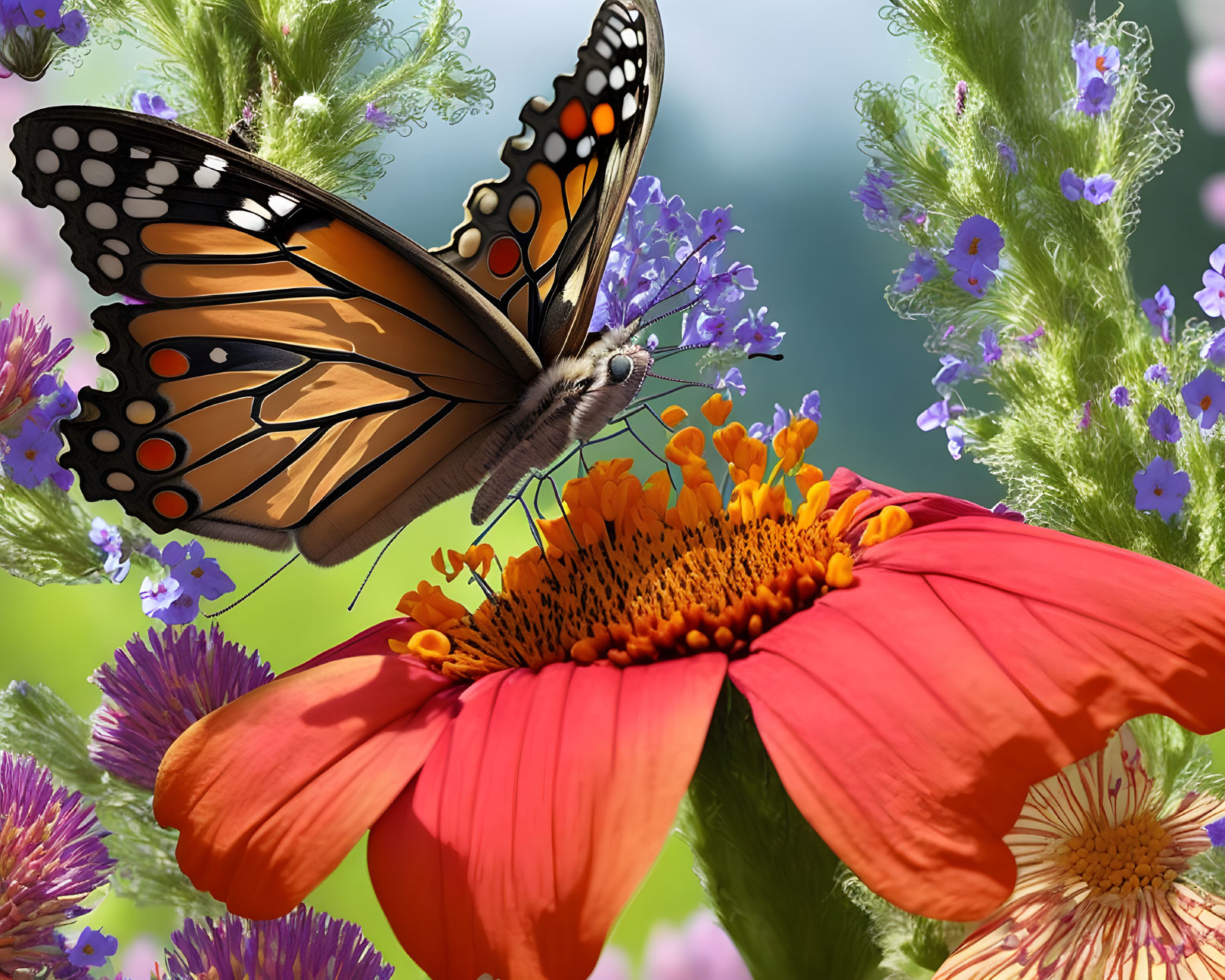 Colorful Monarch Butterfly Feeding on Orange and Red Flower