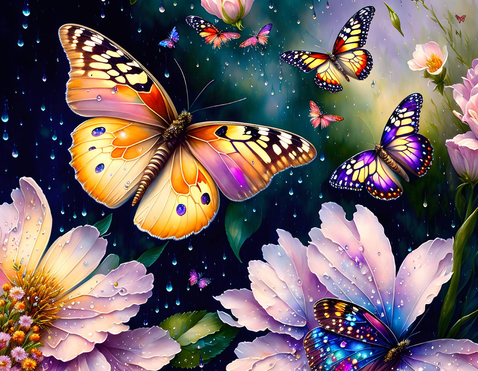 Colorful Butterflies and Flowers in Night Sky Digital Art