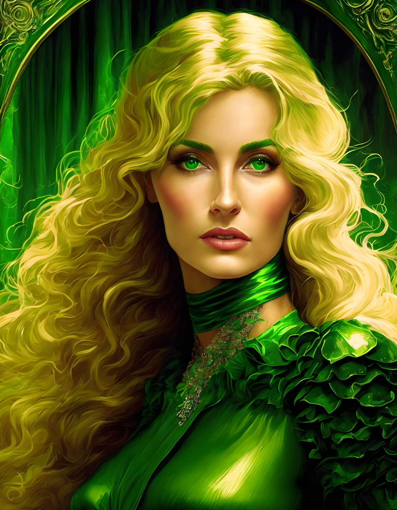 Blonde woman with curly hair and green dress portrait