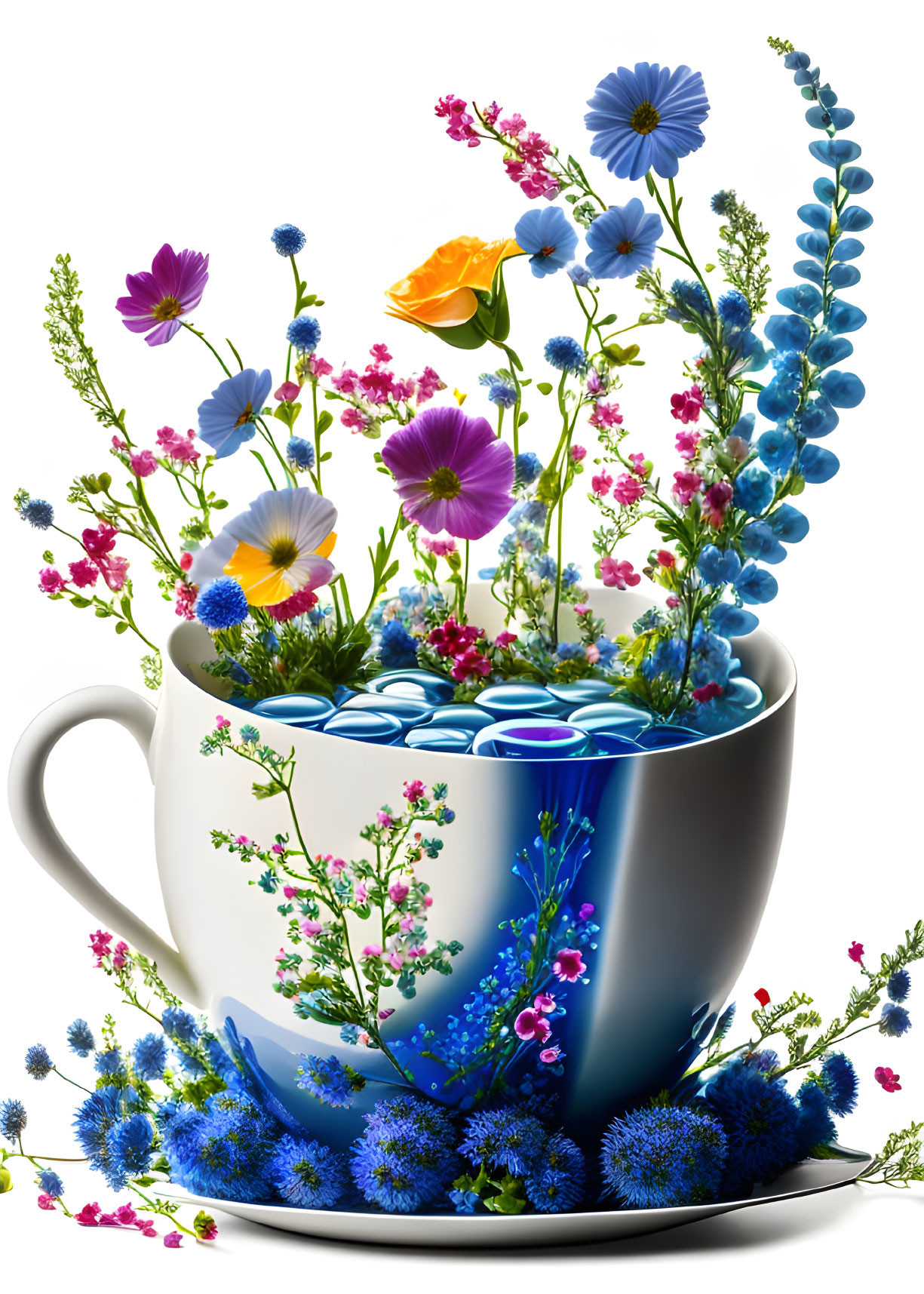 Colorful Flowers in Porcelain Cup with Liquid Art