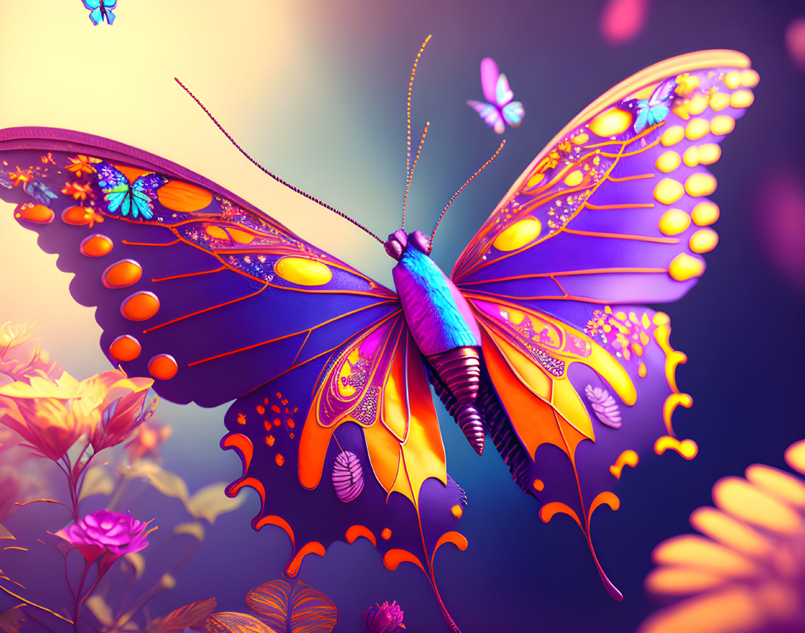 Colorful Oversized Butterfly Illustration with Ornate Wings and Floral Background