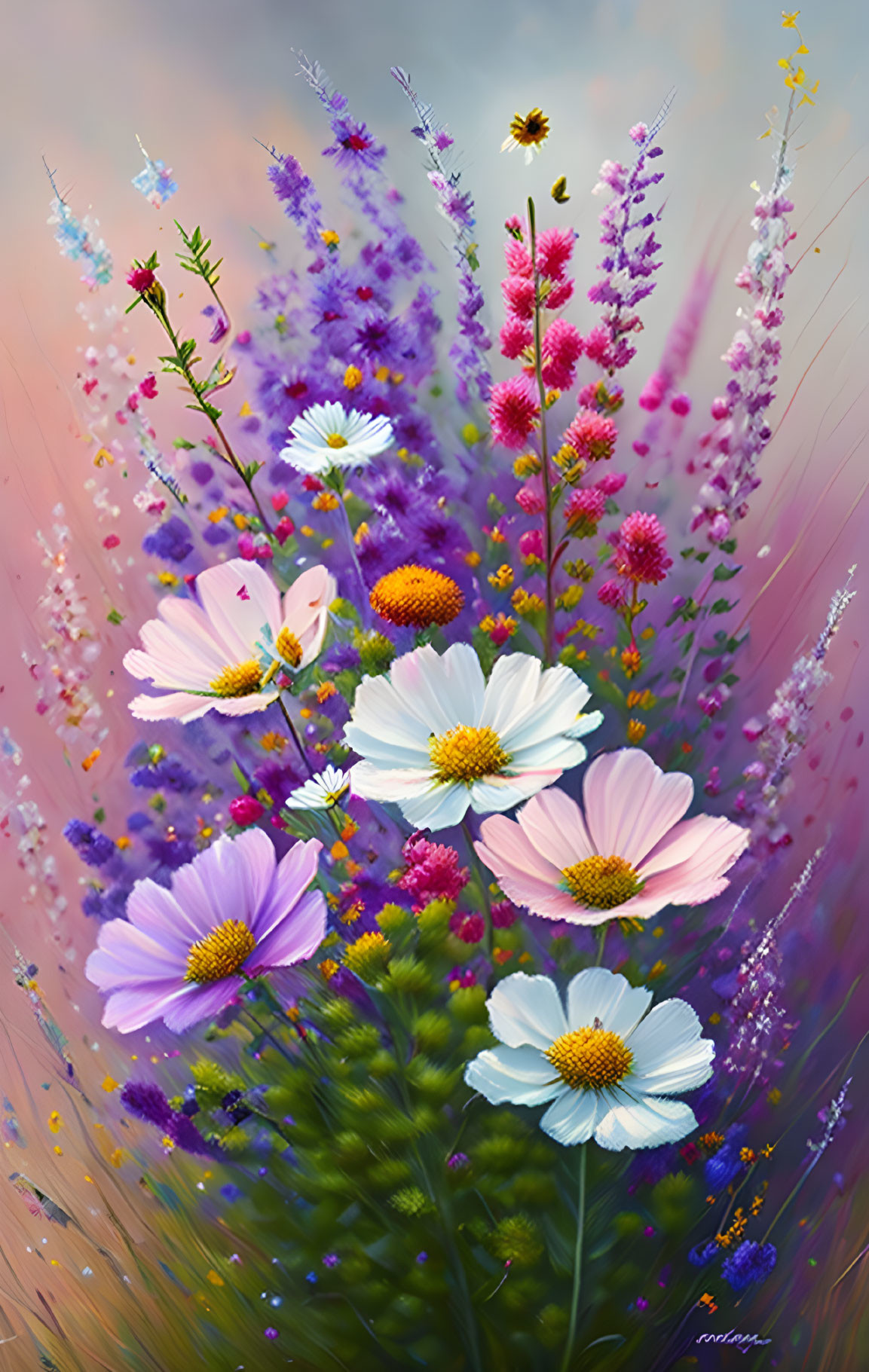 Vibrant wildflowers: cosmos, daisies, lavender in colorful sky