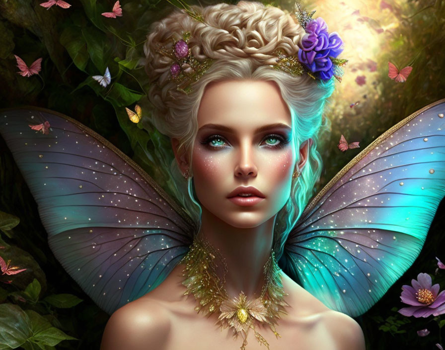 Fantasy portrait of woman with butterfly wings and glowing skin