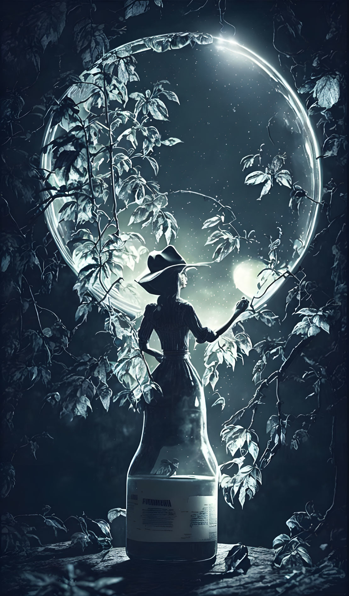 Silhouetted figure with hat touching oversized moon in glass bottle at night with leafy branches.