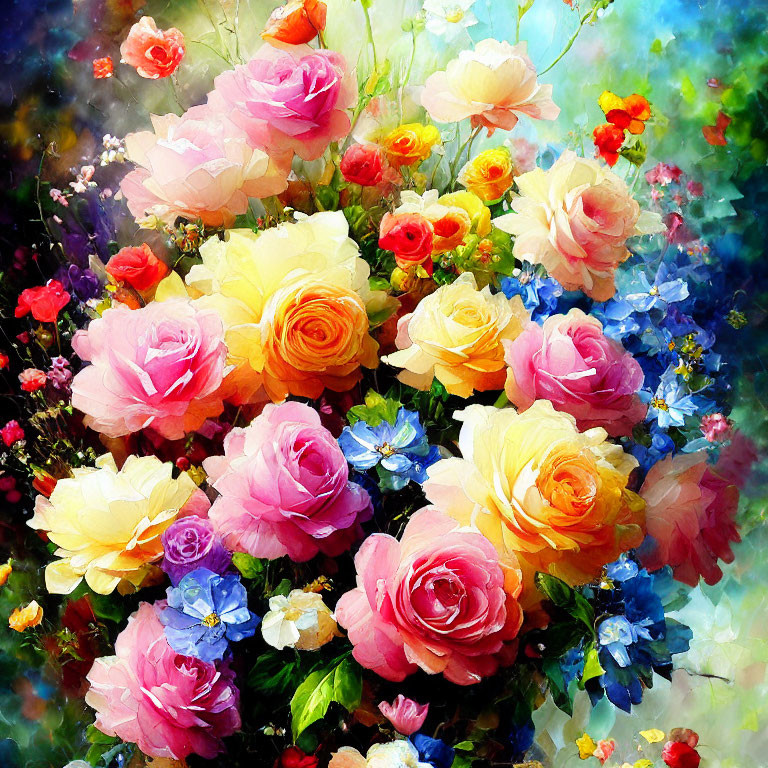 Colorful Bouquet Painting with Roses and Blue Flowers in Dreamy Style