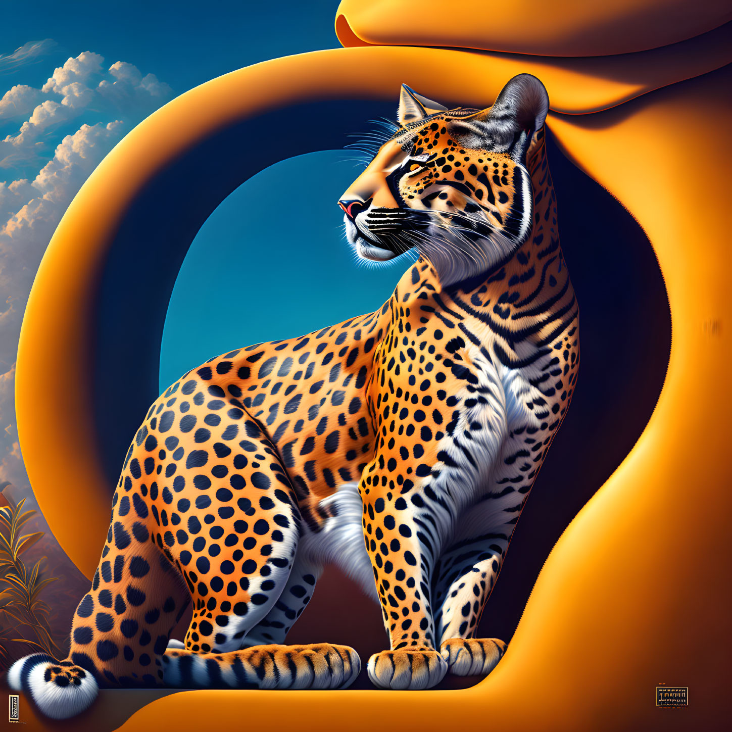 Imposing stylized leopard in abstract orange forms on blue sky