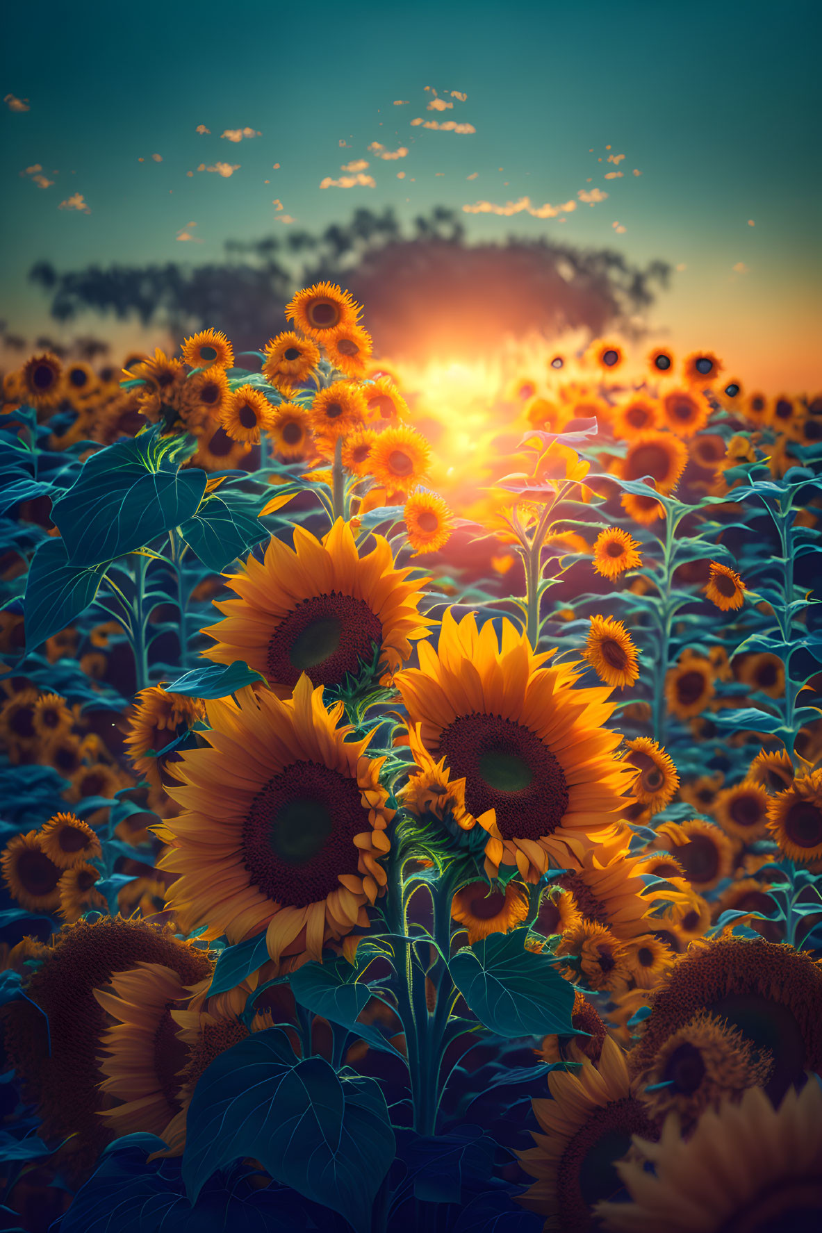 Sunflower Field Sunset Scene with Warm Sunlight