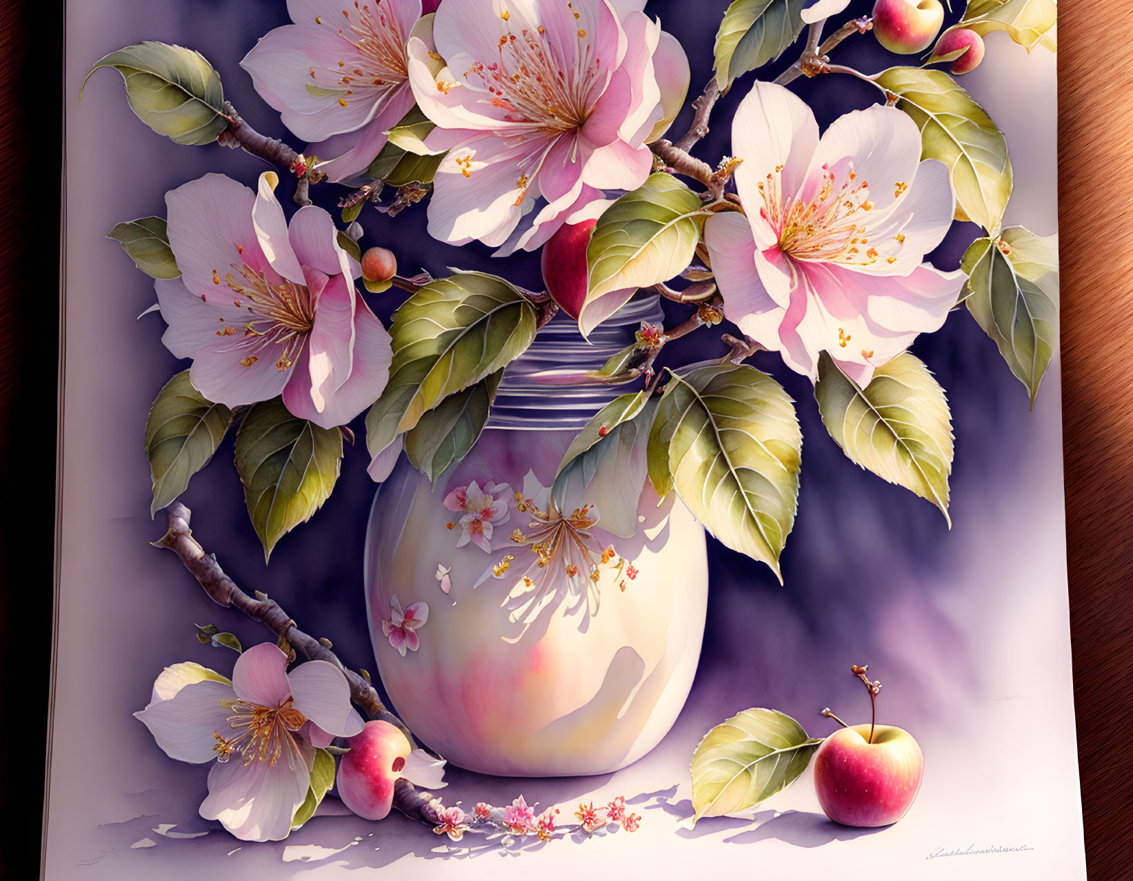 Pink cherry blossoms and fallen petals in white vase with apples on purple background