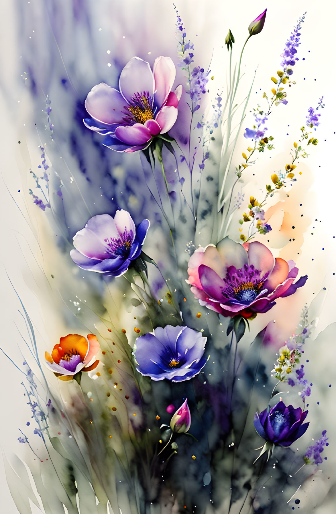 Colorful Watercolor Flower Bouquet in Purple, Blue, and Orange