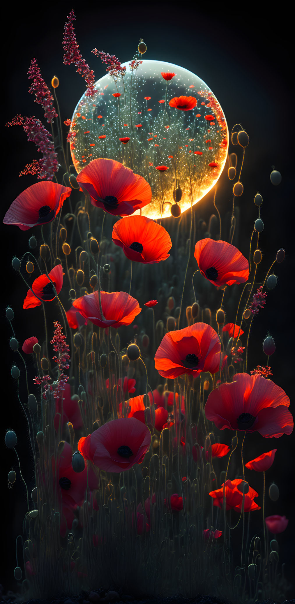 Vibrant red poppies with luminous orb and flowers on dark background