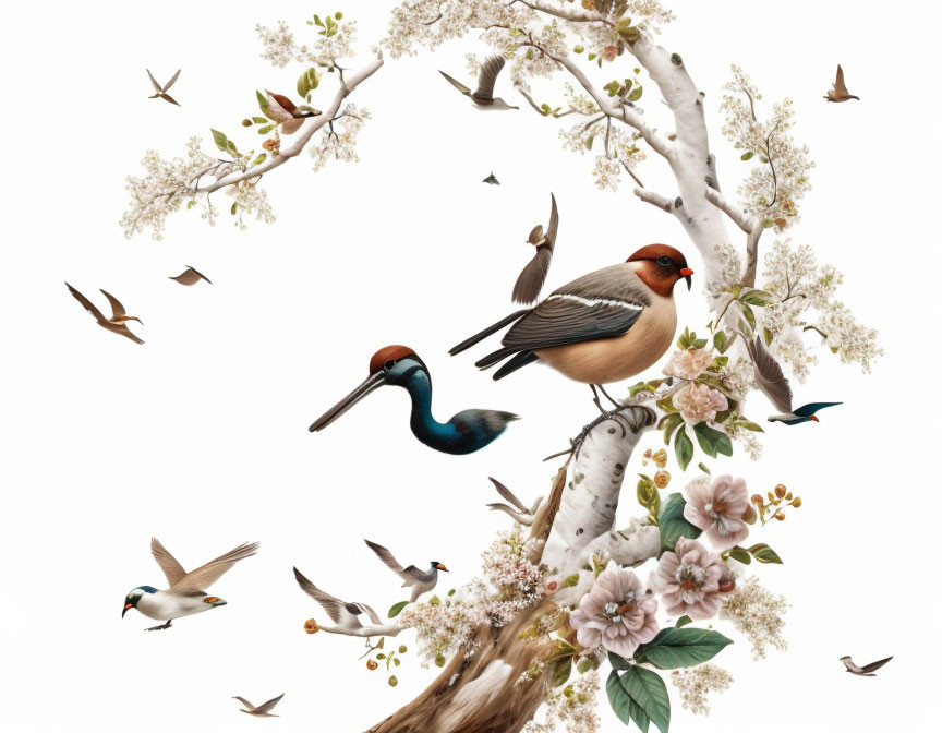 Various Bird Species Flying and Perched on Blossoming Branches