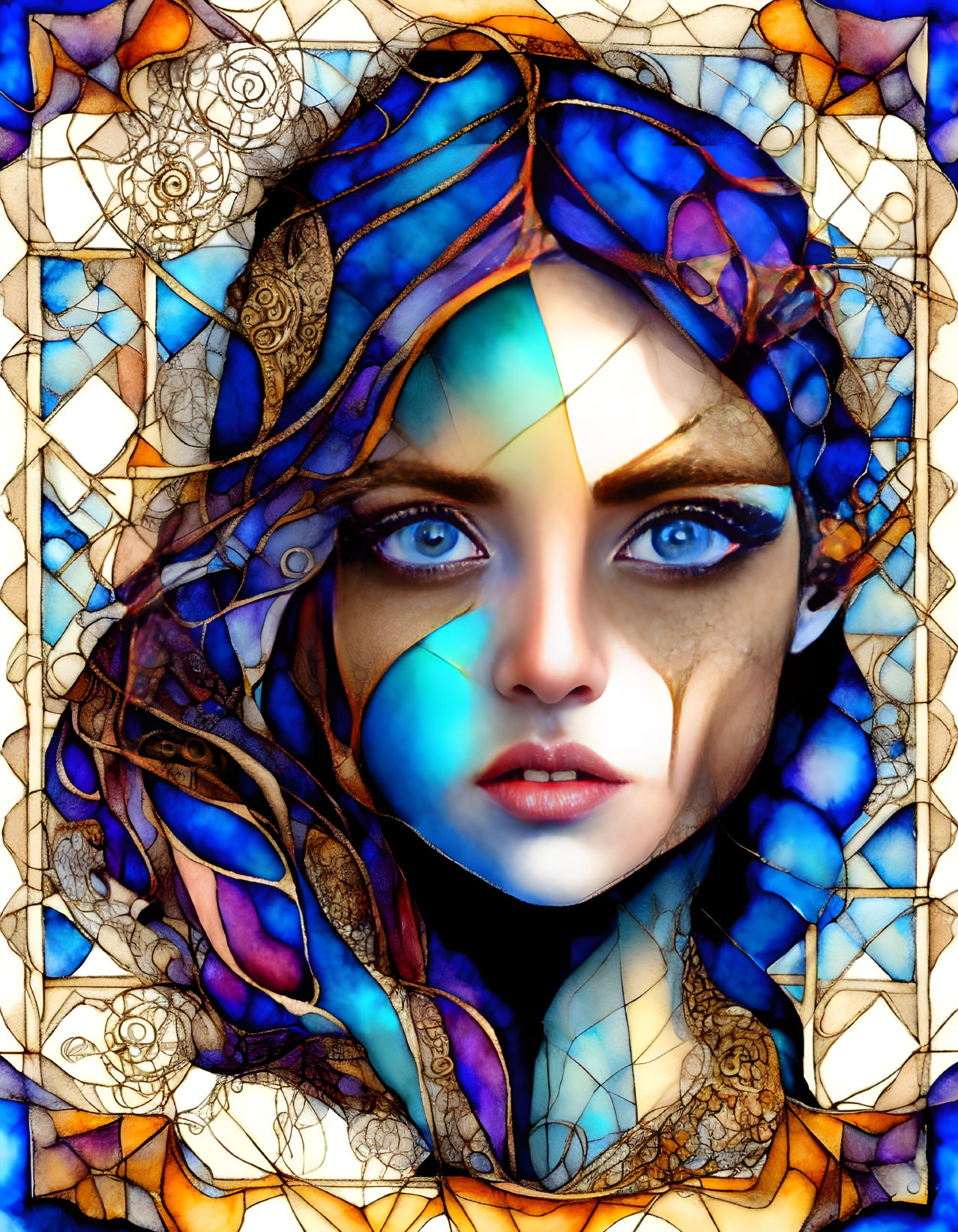 Digital portrait of a woman with blue tones, mosaic patterns, and leaf-like elements