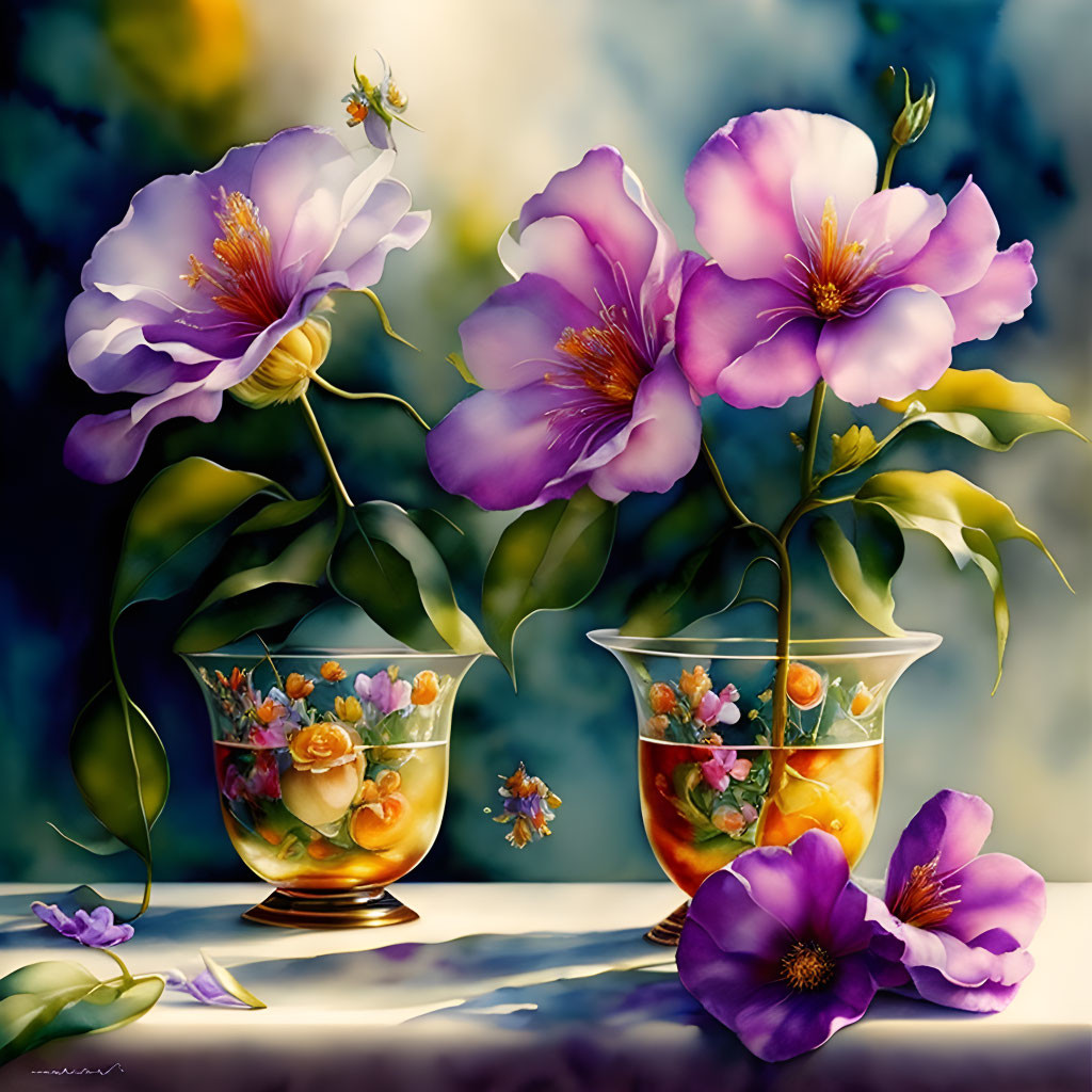 Colorful painting of purple flowers in glass vases with green leaves and bokeh background