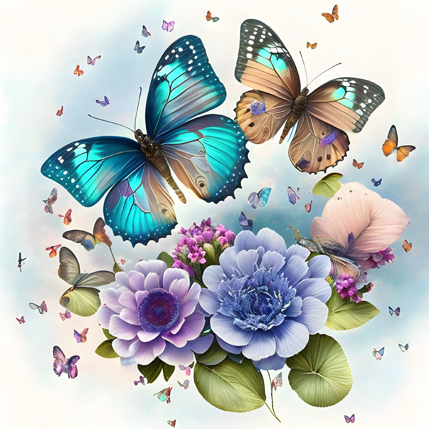 Colorful butterflies and flowers in digital artwork