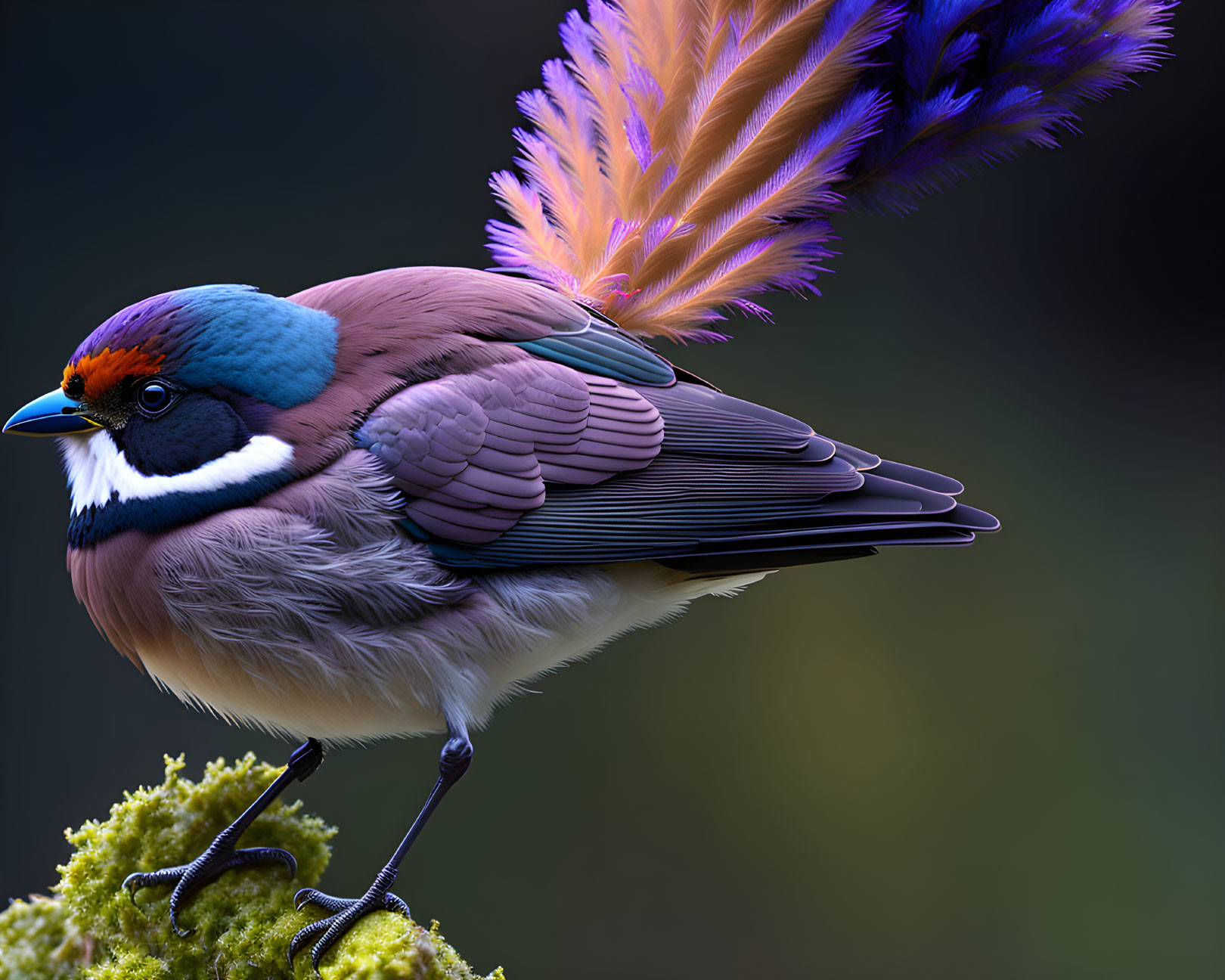 Colorful Bird with Blue Crown, Brown and Grey Feathers, and Orange Plume on Green Moss